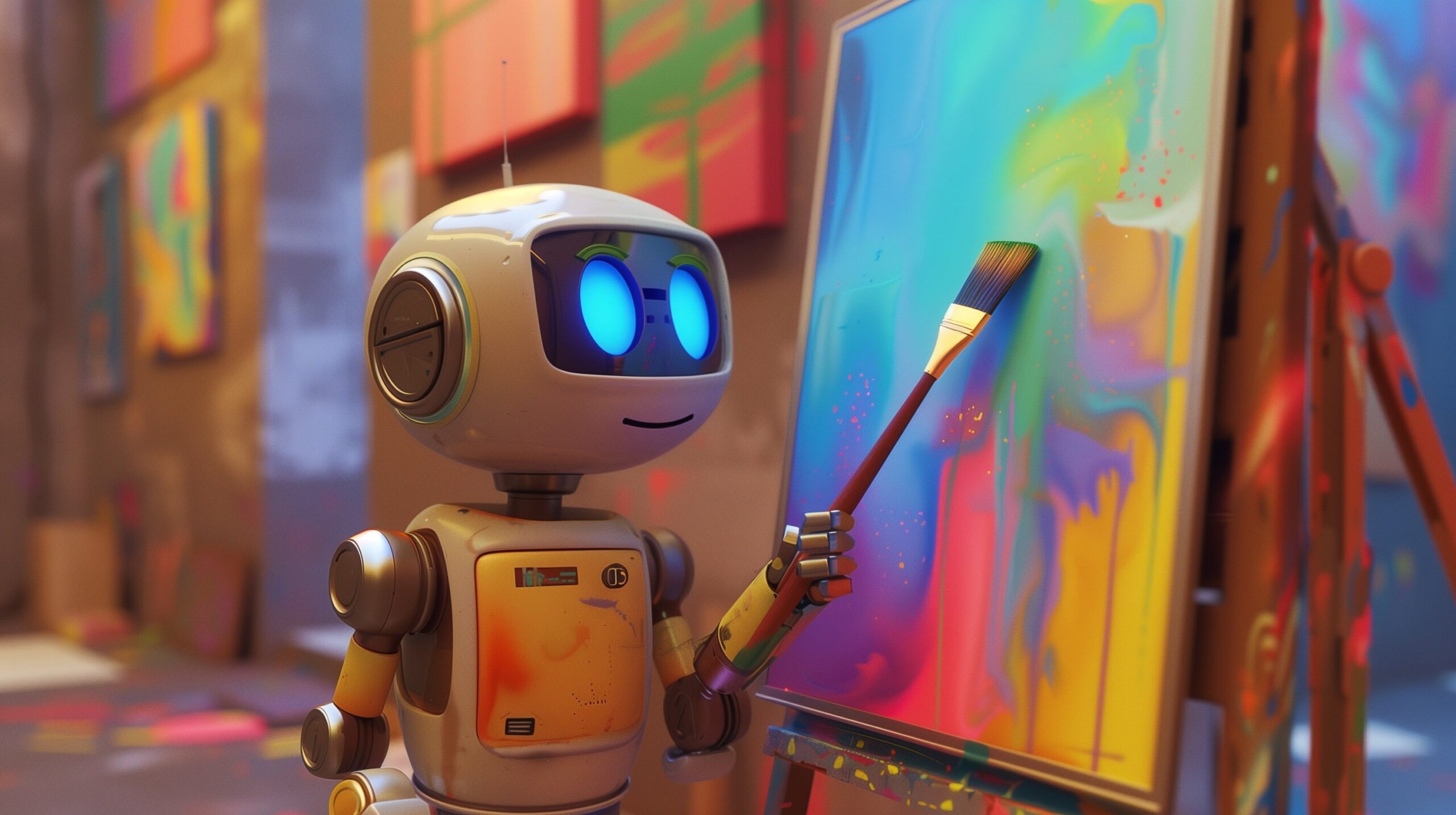 A futuristic AI-powered robot painting an abstract artwork, representing artificial intelligence in creativity and innovation.