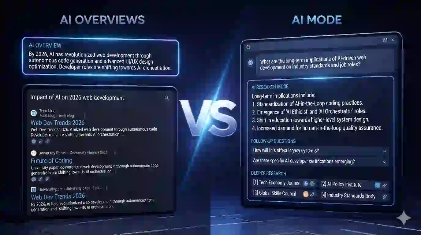 Comparison of Google AI Mode and AI Overviews in 2026