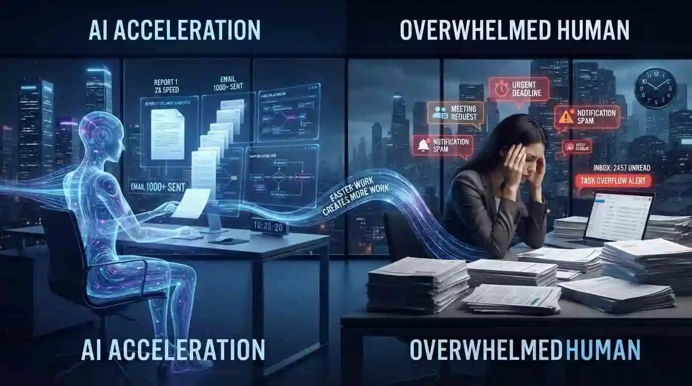 AI productivity paradox showing faster work and increased workload
